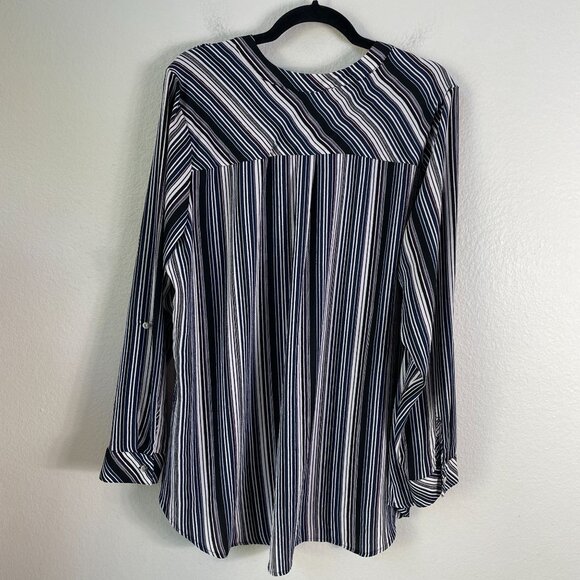 Roz & Ali Womens Plus 2X Striped Roll Tab Sleeve Blouse Pockets Top Shirt - Picture 9 of 9